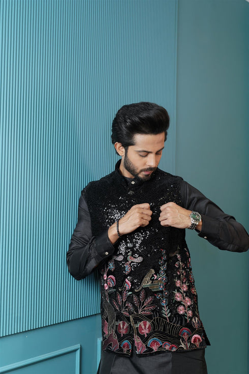 Midnight Black Kurta Set with Sequin-Embellished Floral Waistcoat