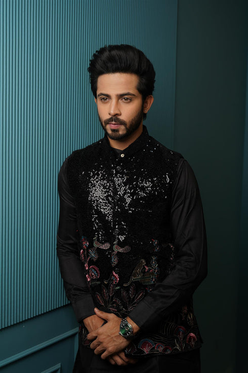 Midnight Black Kurta Set with Sequin-Embellished Floral Waistcoat