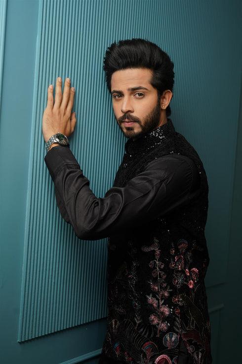 Midnight Black Kurta Set with Sequin-Embellished Floral Waistcoat