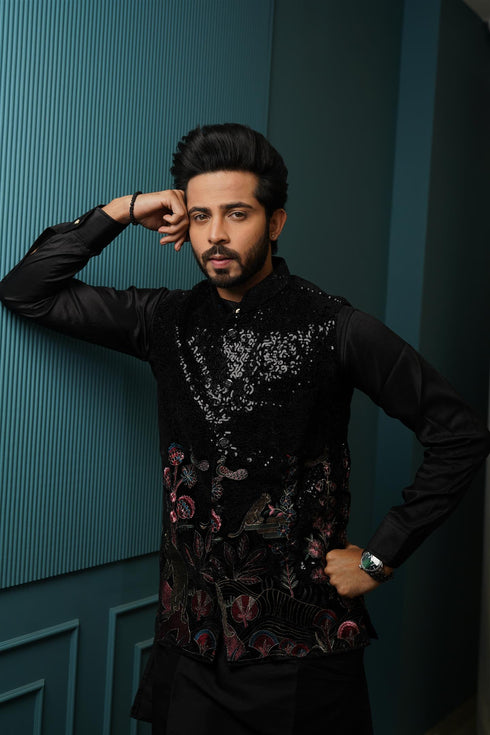 Midnight Black Kurta Set with Sequin-Embellished Floral Waistcoat