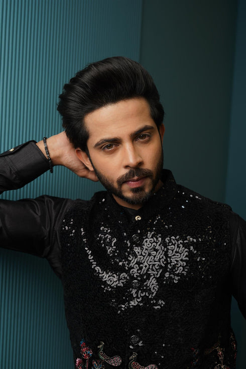 Midnight Black Kurta Set with Sequin-Embellished Floral Waistcoat