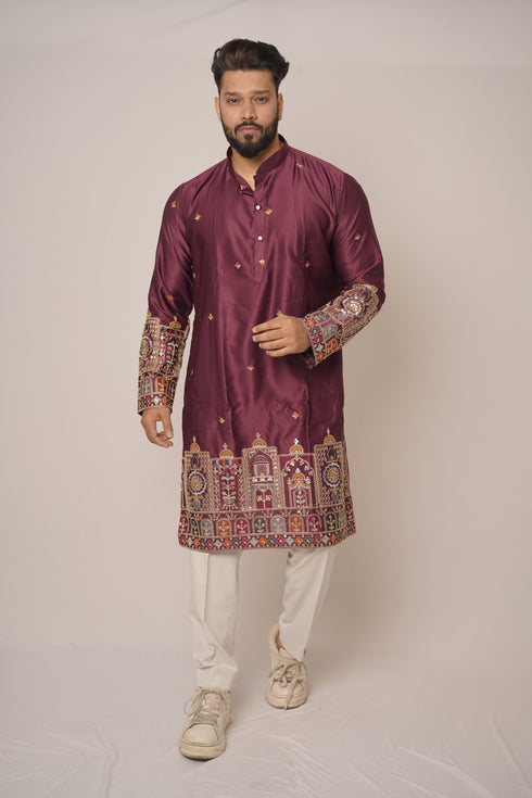Men's Deep Wine Silk Kurta with Heritage Gold Zari Border