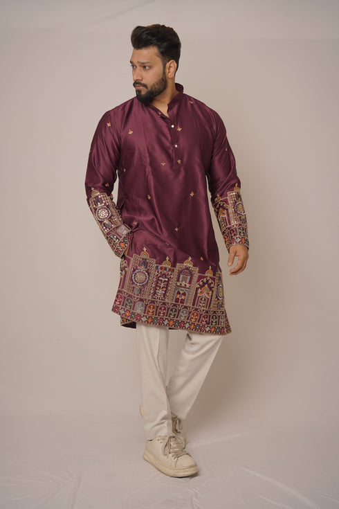 Men's Deep Wine Silk Kurta with Heritage Gold Zari Border