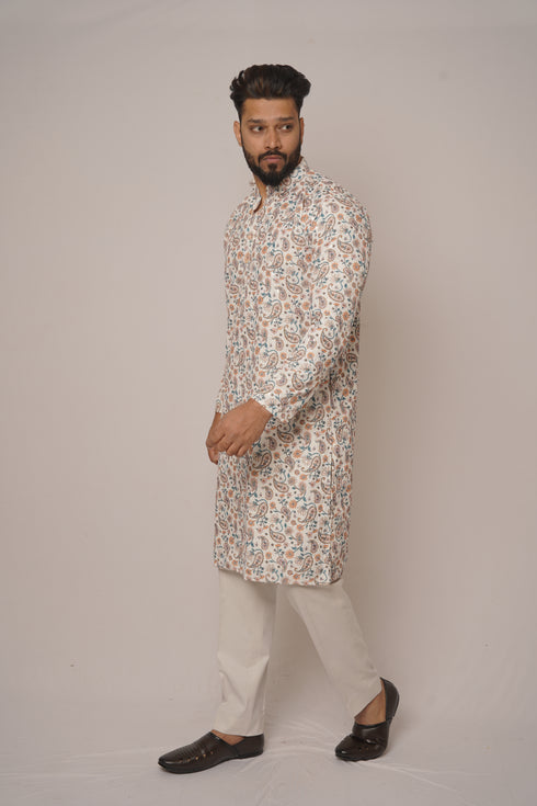 Men's Ivory White Silk Kurta with Traditional Peacock & Floral Border