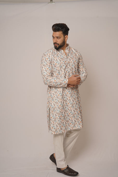 Men's Ivory White Silk Kurta with Traditional Peacock & Floral Border