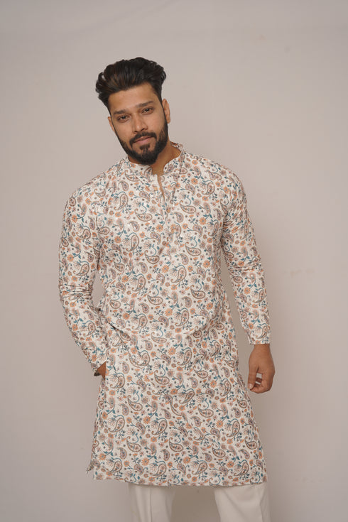 Men's Ivory White Silk Kurta with Traditional Peacock & Floral Border