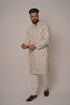 Men's Ivory White Silk Kurta with Traditional Peacock & Floral Border
