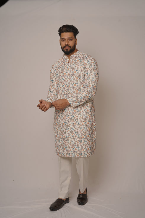Men's Ivory White Silk Kurta with Traditional Peacock & Floral Border