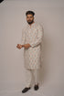 Men's Ivory White Silk Kurta with Traditional Peacock & Floral Border