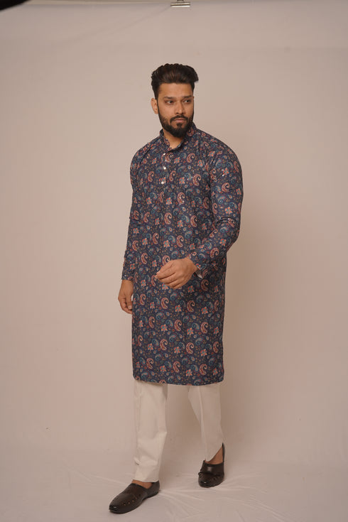 Men's Navy Blue Digital Paisley Kurta with Subtle Sequin Accents
