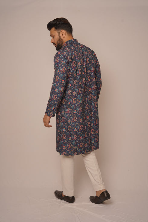 Men's Navy Blue Digital Paisley Kurta with Subtle Sequin Accents