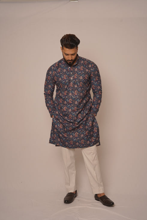 Men's Navy Blue Digital Paisley Kurta with Subtle Sequin Accents