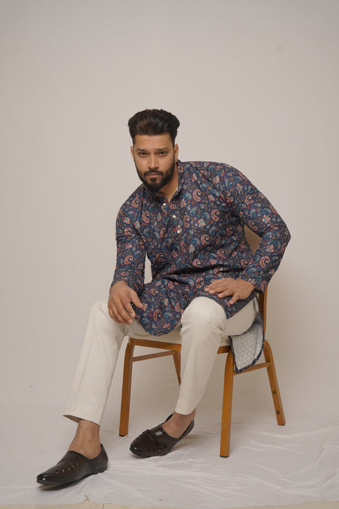 Men's Navy Blue Digital Paisley Kurta with Subtle Sequin Accents