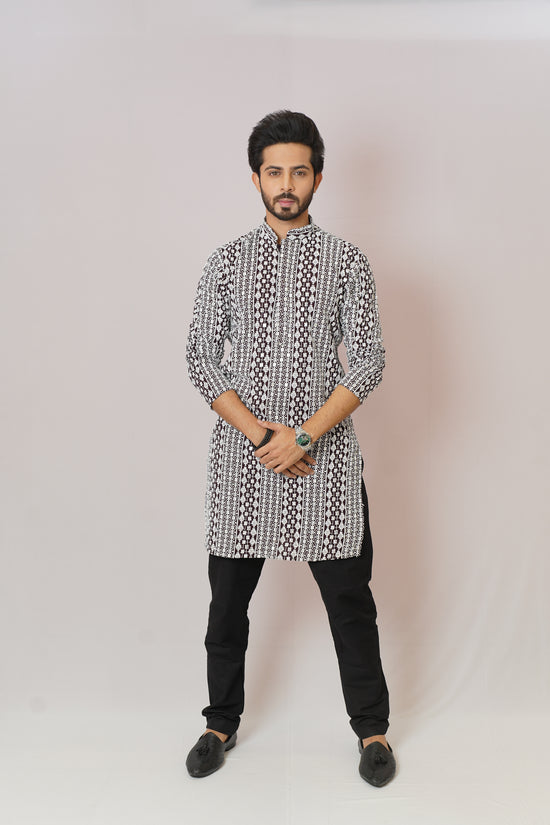 Men’s Monochrome Heritage Geometric Print Cotton Kurta