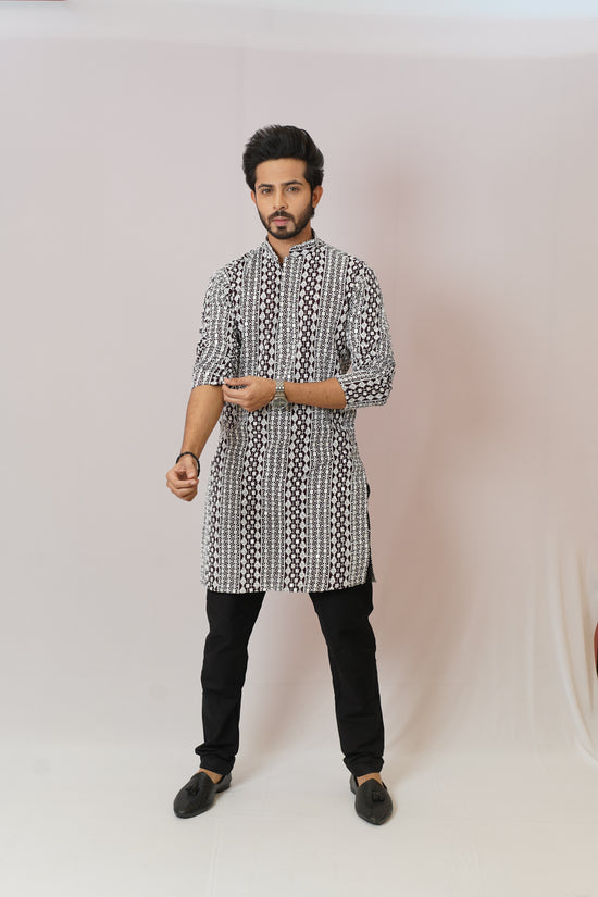 Men’s Monochrome Heritage Geometric Print Cotton Kurta