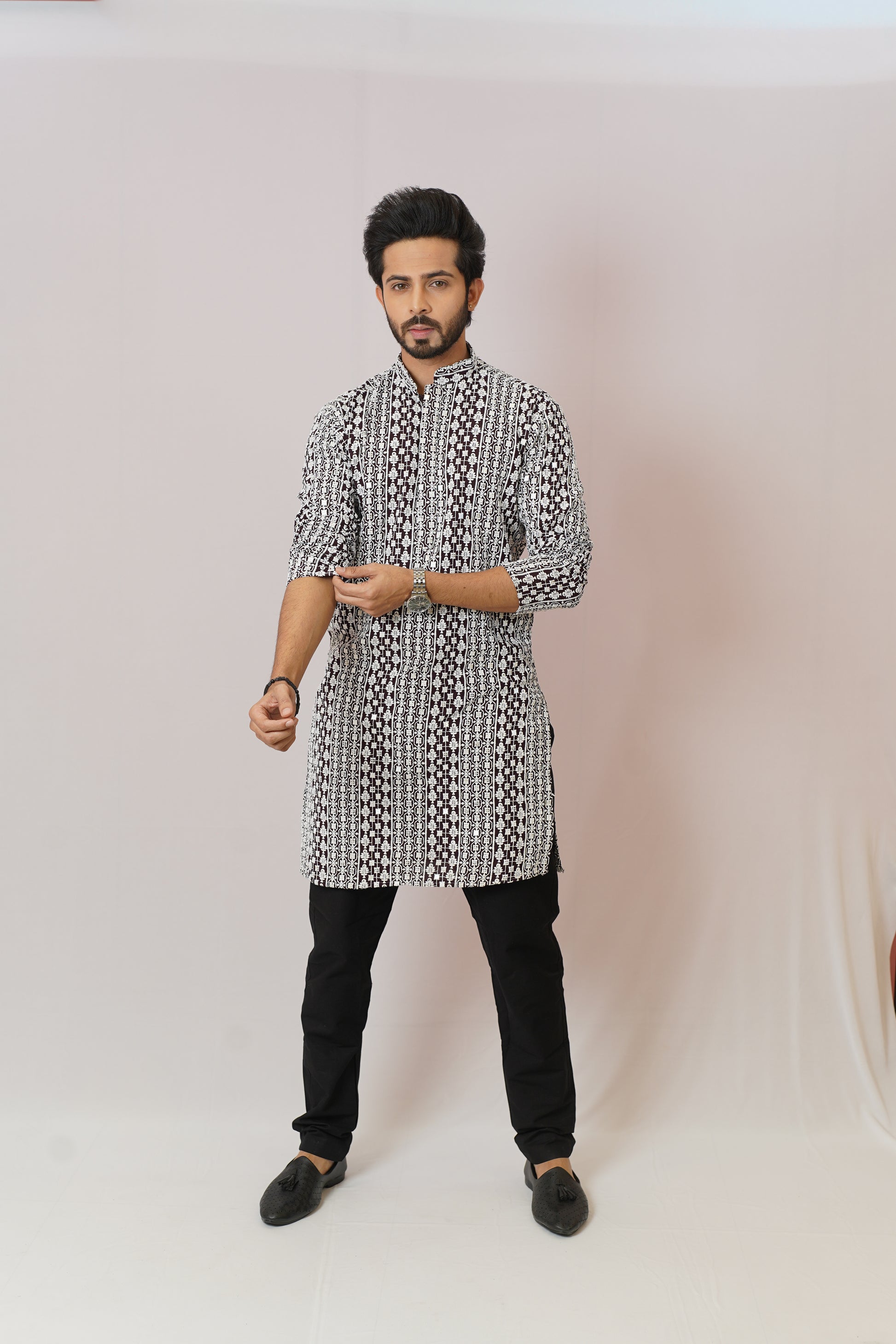 Men’s Monochrome Heritage Geometric Print Cotton Kurta