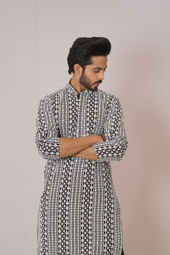 Men’s Monochrome Heritage Geometric Print Cotton Kurta