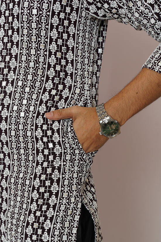 Men’s Monochrome Heritage Geometric Print Cotton Kurta