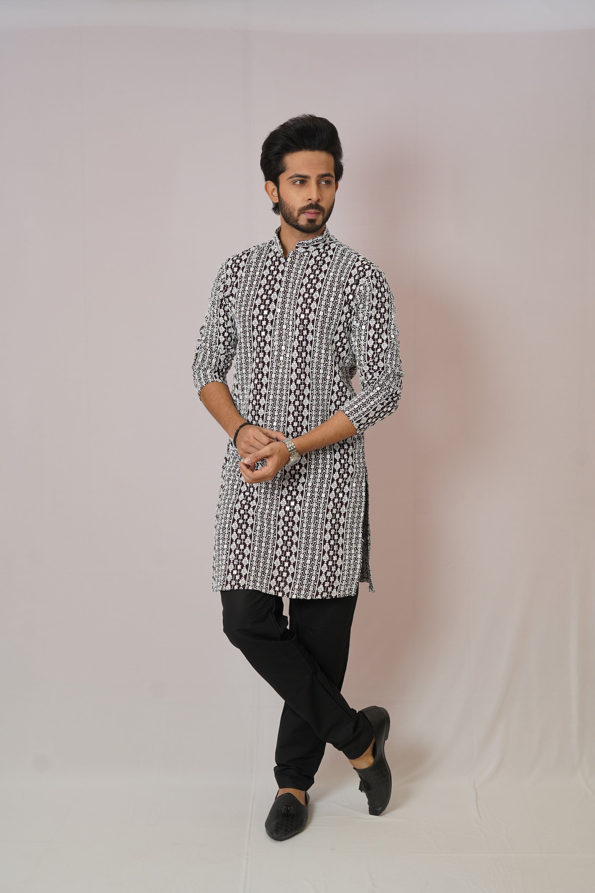Men’s Monochrome Heritage Geometric Print Cotton Kurta