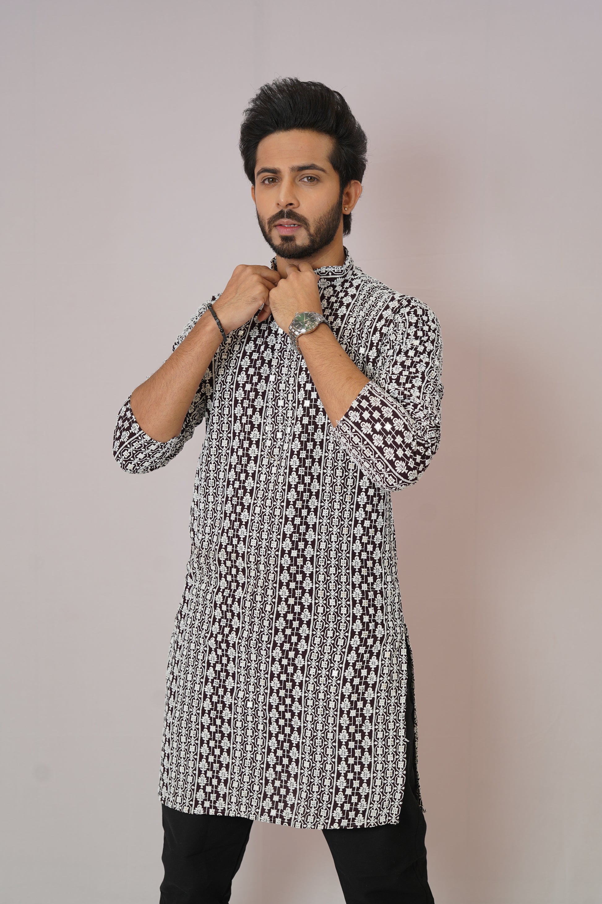 Men’s Monochrome Heritage Geometric Print Cotton Kurta