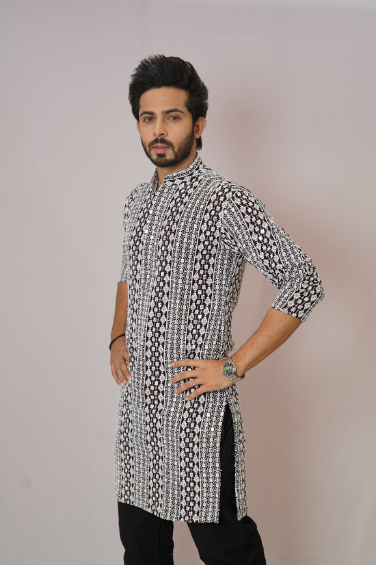 Men’s Monochrome Heritage Geometric Print Cotton Kurta