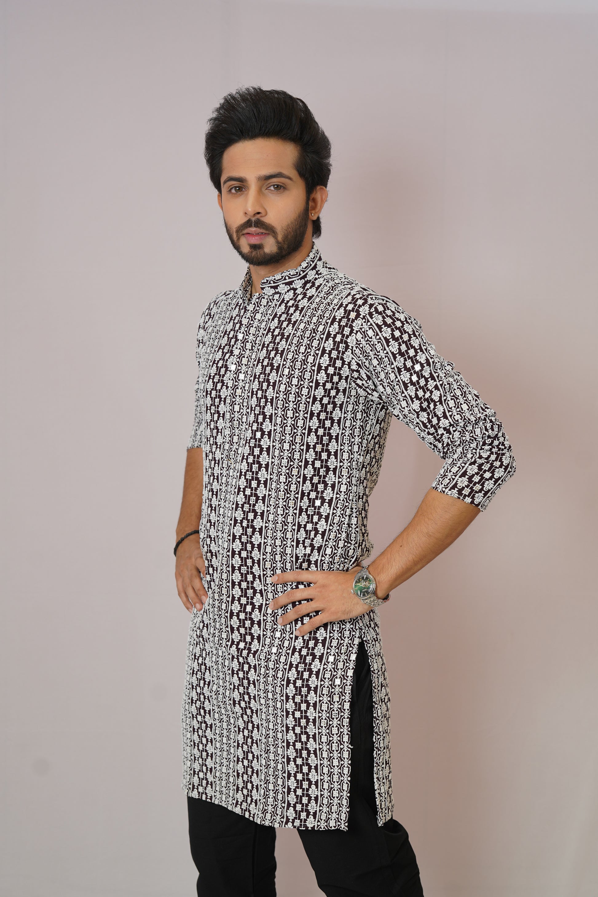 Men’s Monochrome Heritage Geometric Print Cotton Kurta