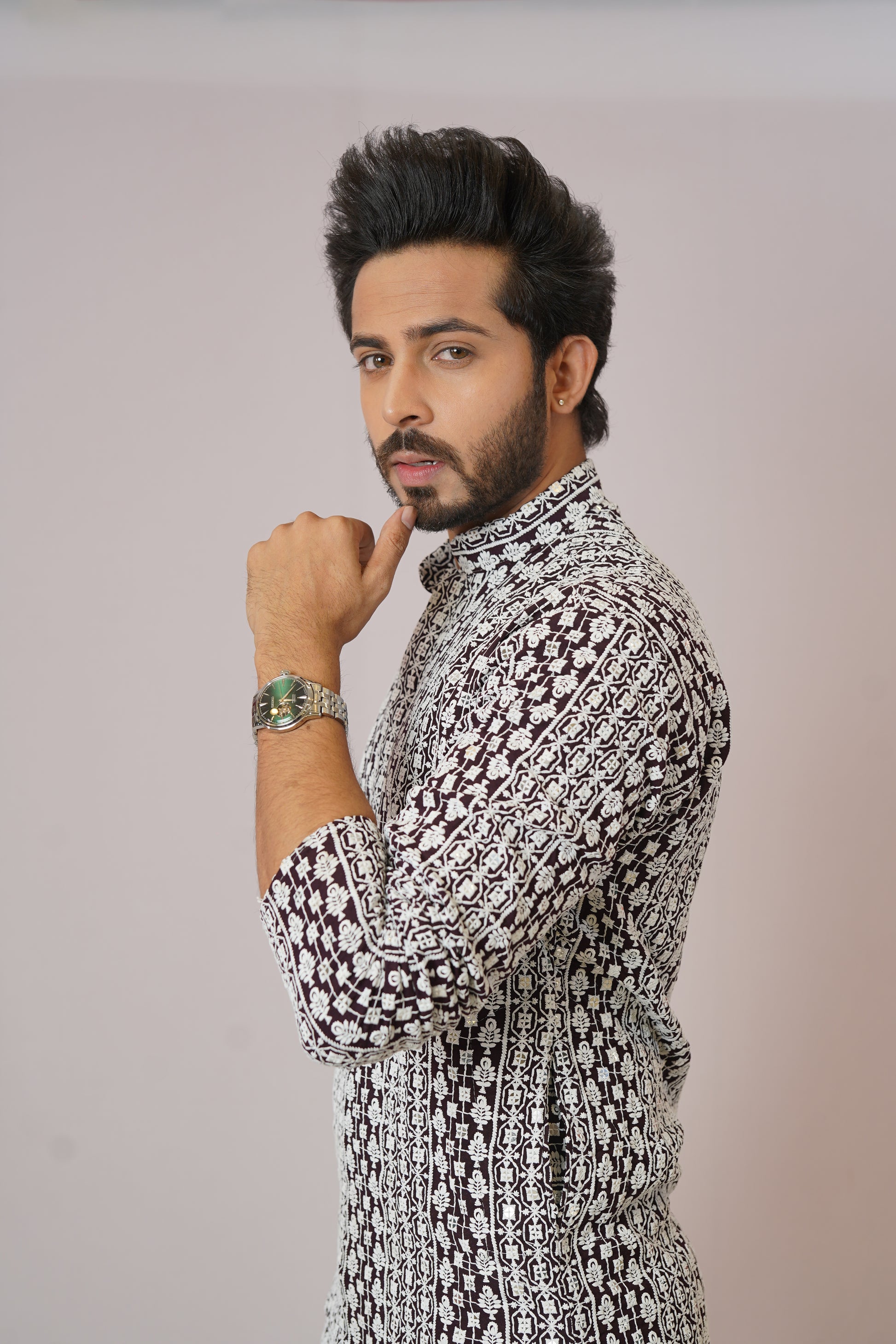 Men’s Monochrome Heritage Geometric Print Cotton Kurta
