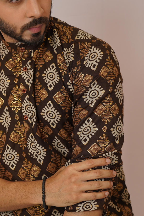 Chocolate Brown & Gold Ikat Diamond Print Kurta