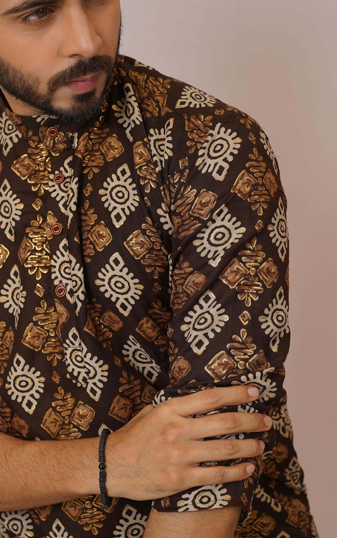 Chocolate Brown & Gold Ikat Diamond Print Kurta