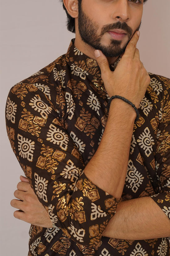 Chocolate Brown & Gold Ikat Diamond Print Kurta