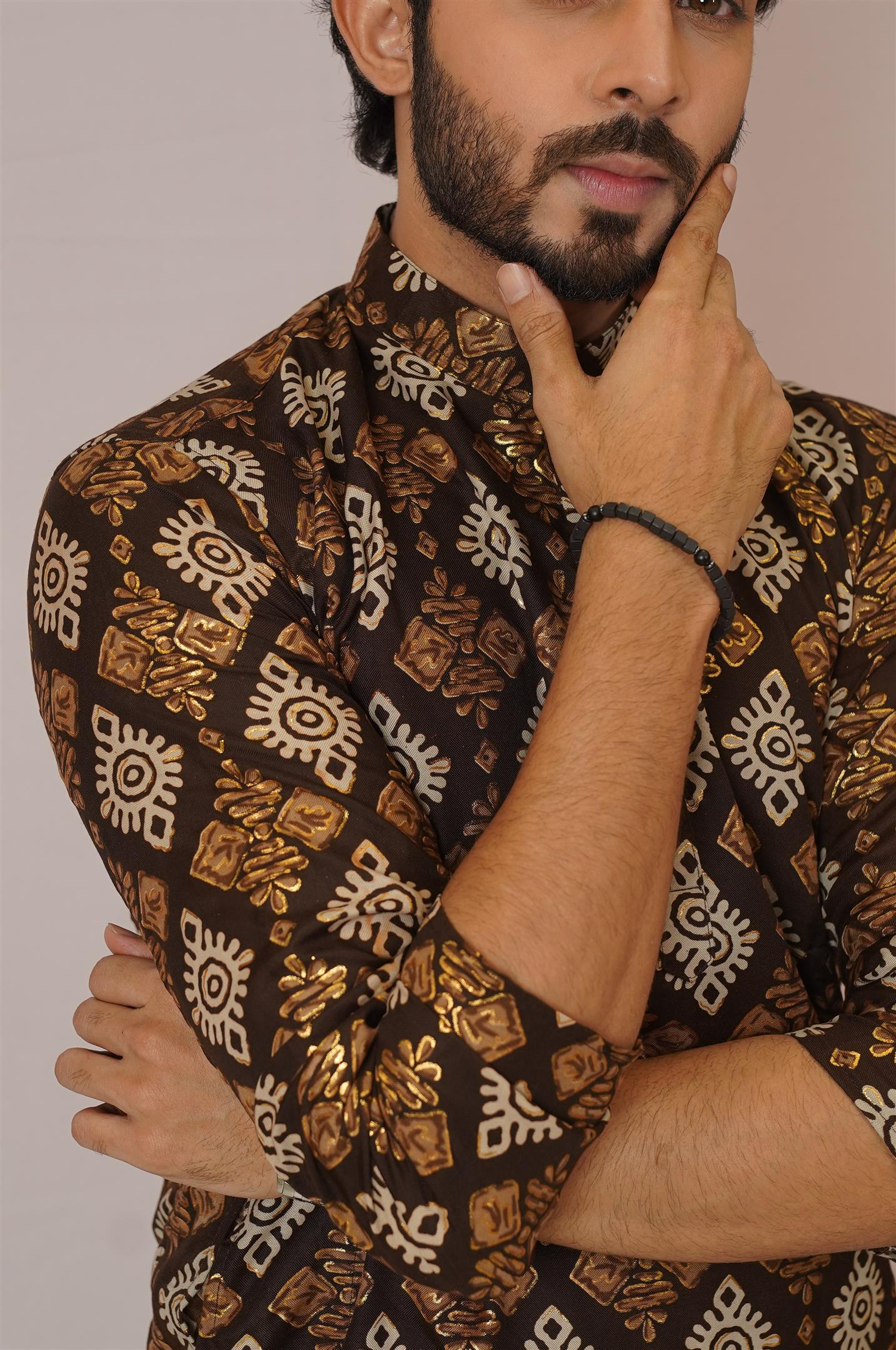 Chocolate Brown & Gold Ikat Diamond Print Kurta