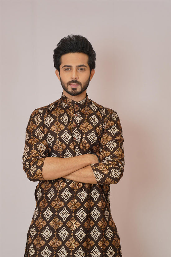 Chocolate Brown & Gold Ikat Diamond Print Kurta