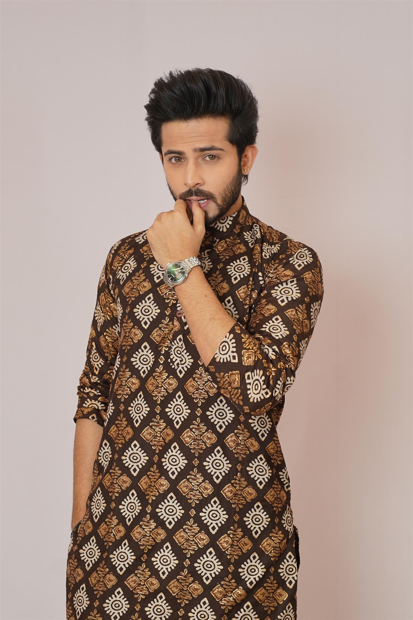 Chocolate Brown & Gold Ikat Diamond Print Kurta