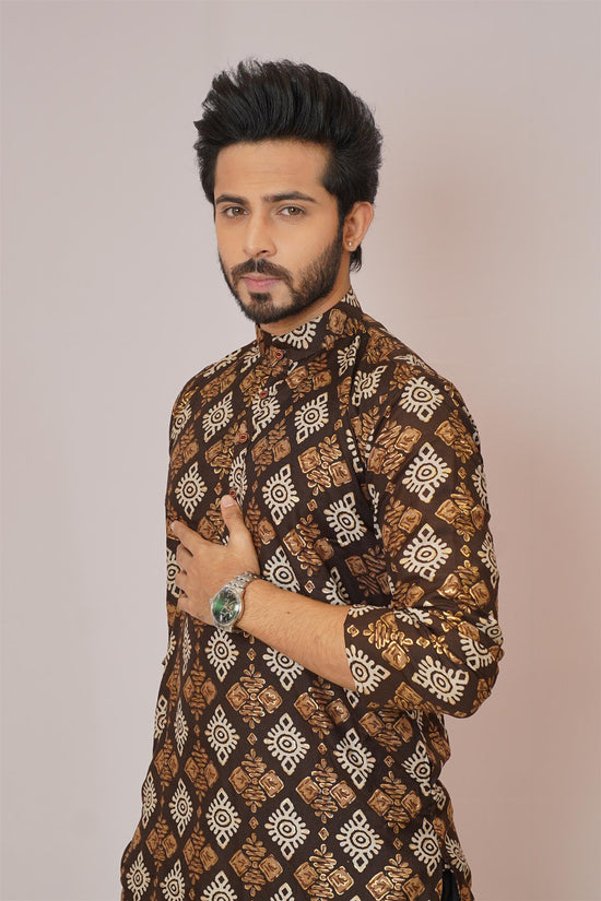 Chocolate Brown & Gold Ikat Diamond Print Kurta