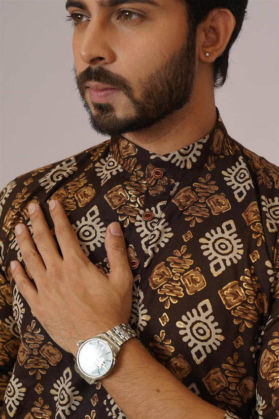 Chocolate Brown & Gold Ikat Diamond Print Kurta