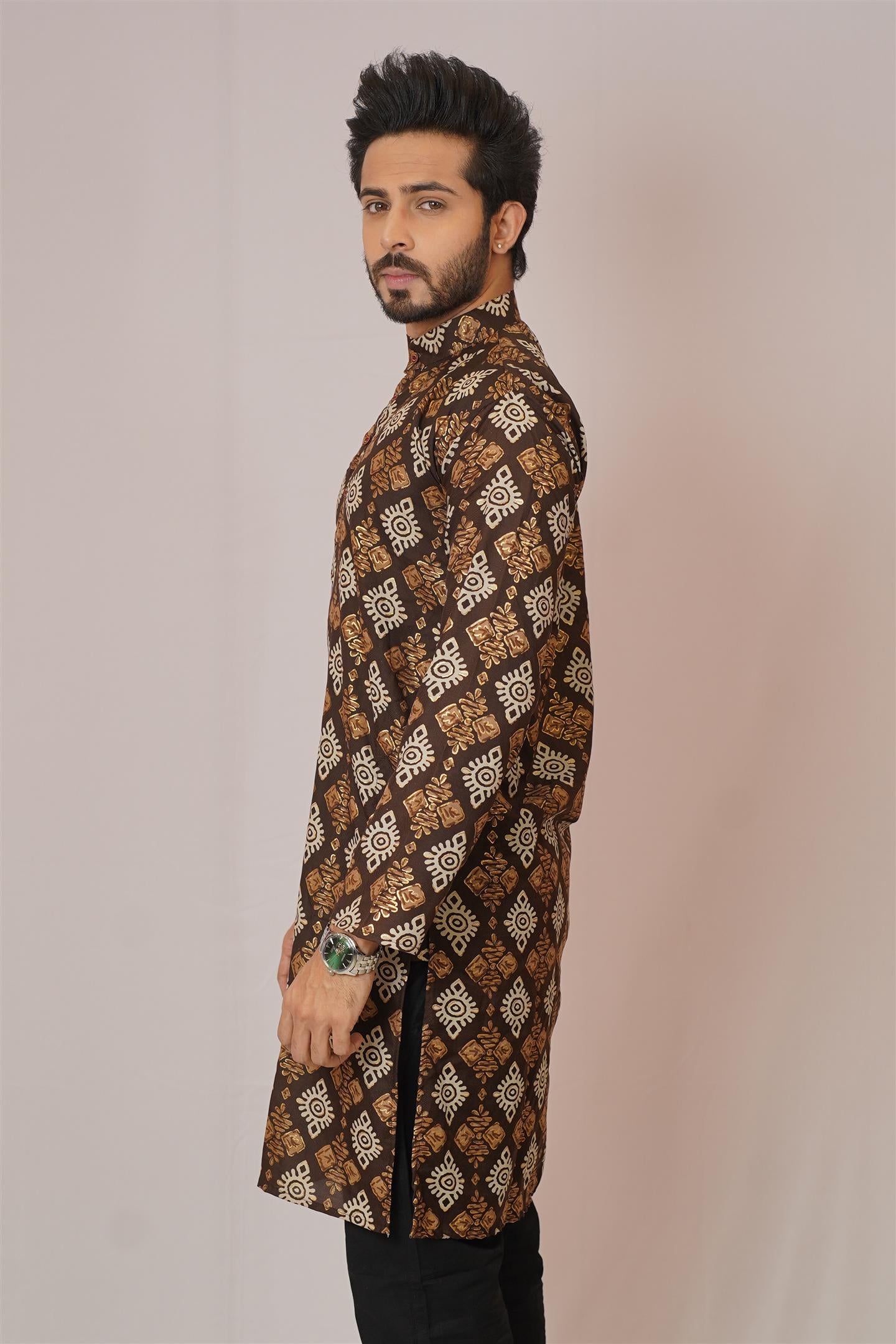 Chocolate Brown & Gold Ikat Diamond Print Kurta