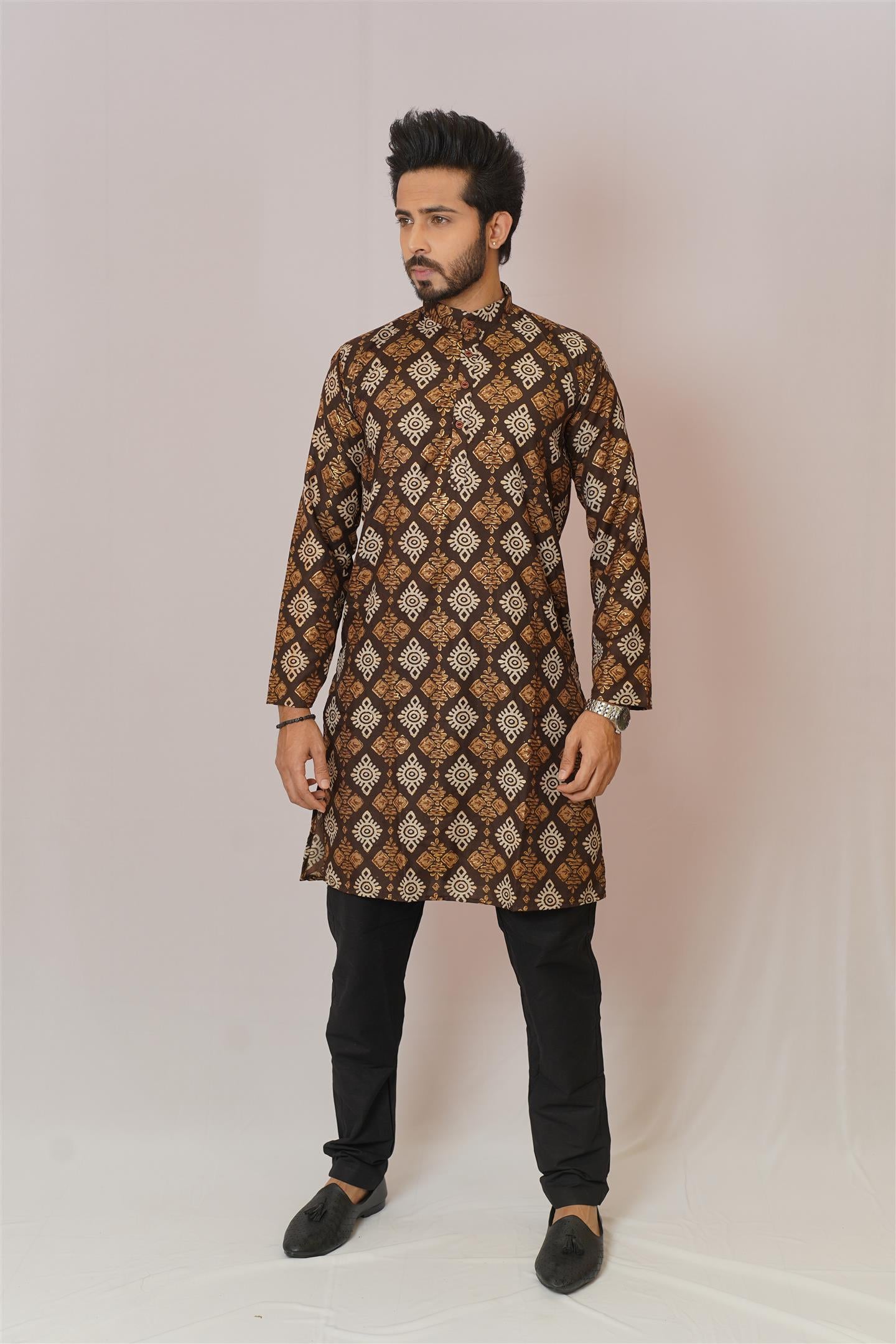 Chocolate Brown & Gold Ikat Diamond Print Kurta