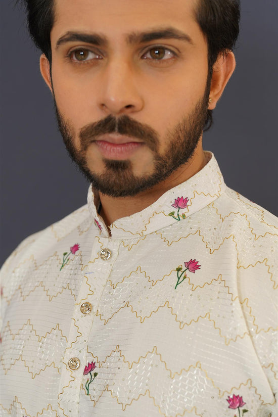 Ivory Pichwai-Inspired Kurta with Lotus & Cow Motifs