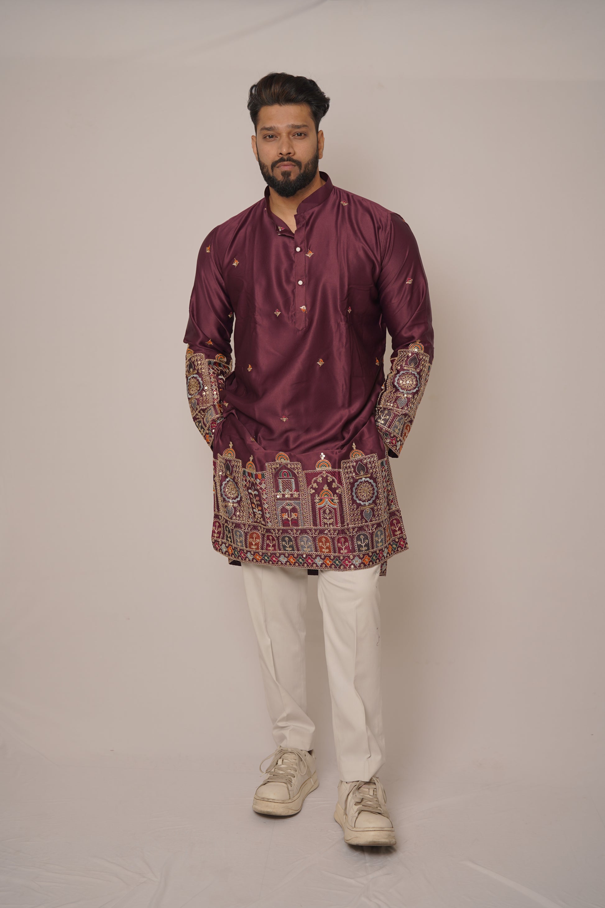 Men's Deep Wine Silk Kurta with Heritage Gold Zari Border