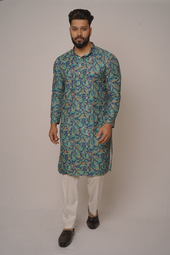 Teal & Gold Paisley Digital Print Kurta
