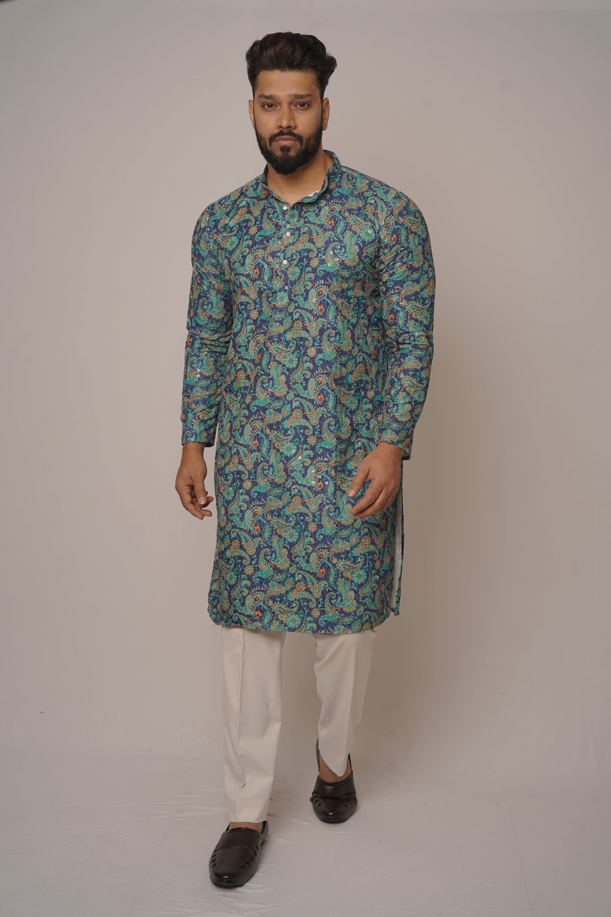 Teal & Gold Paisley Digital Print Kurta
