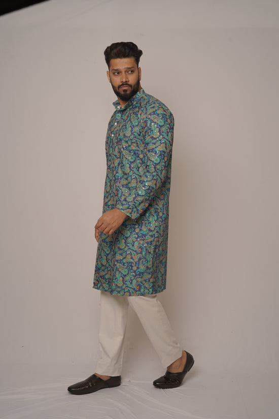 Teal & Gold Paisley Digital Print Kurta