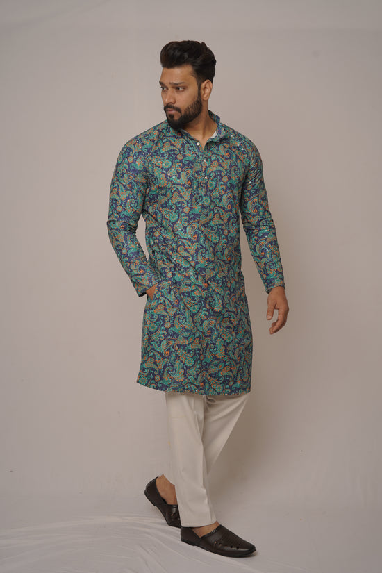 Teal & Gold Paisley Digital Print Kurta