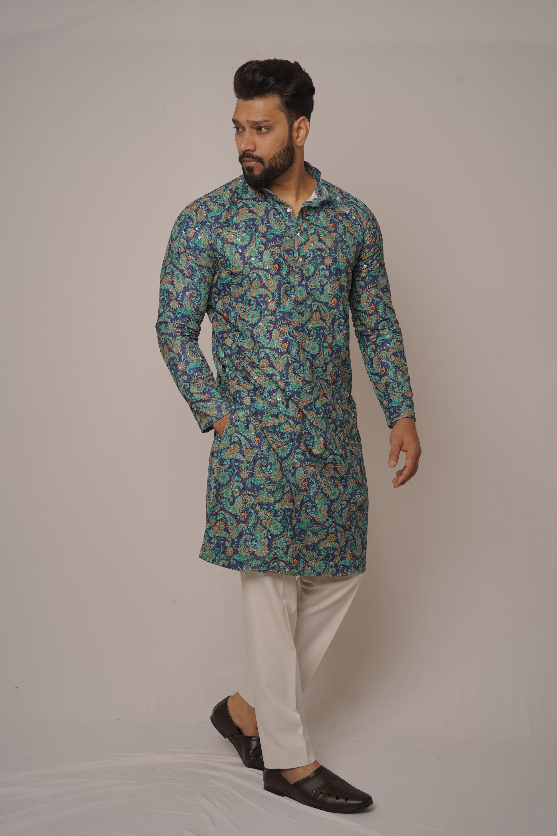 Teal & Gold Paisley Digital Print Kurta