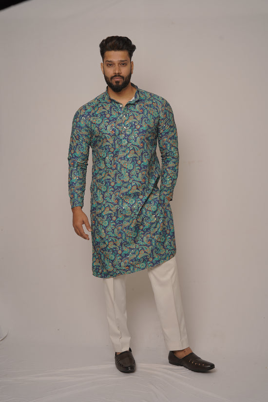 Teal & Gold Paisley Digital Print Kurta