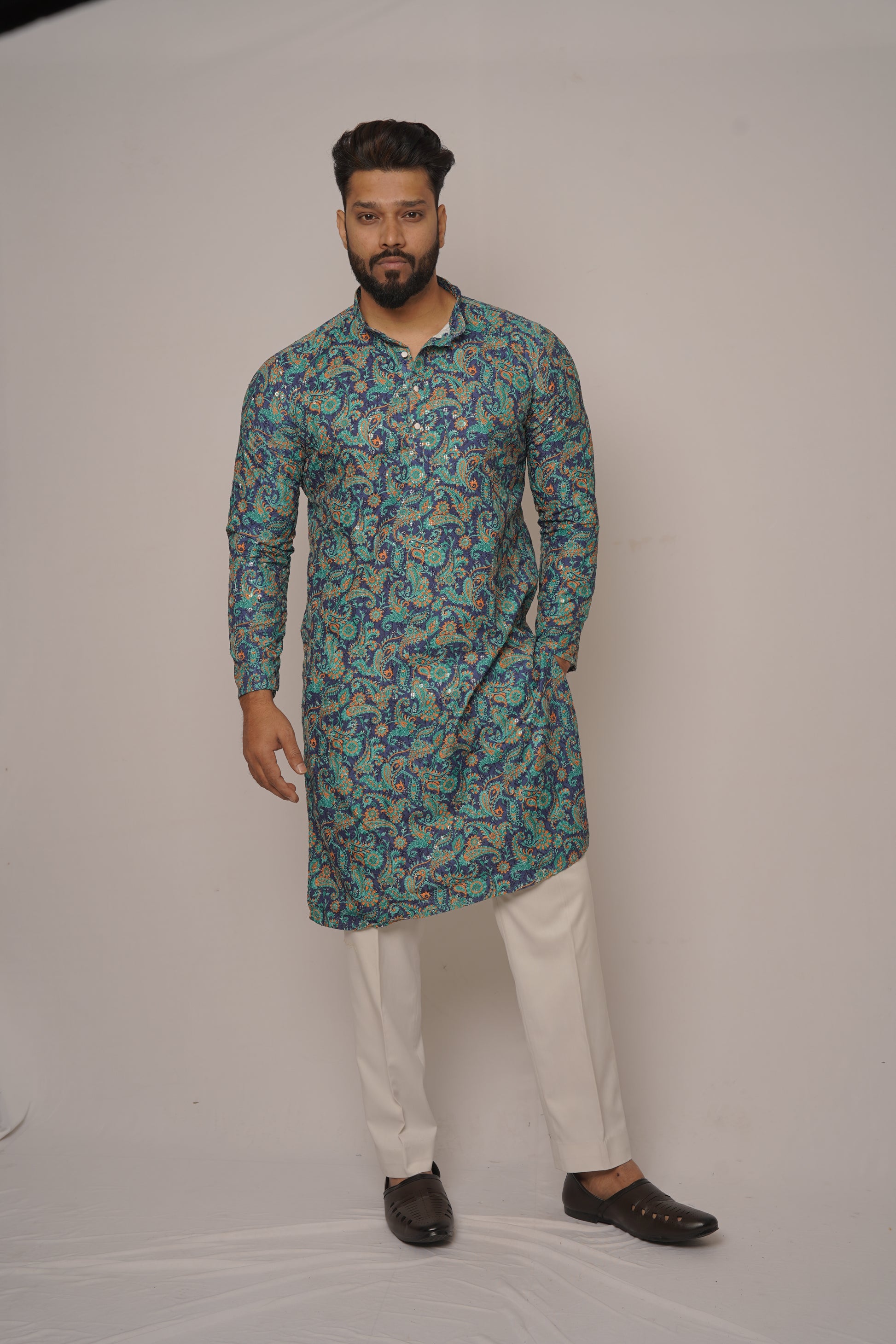 Teal & Gold Paisley Digital Print Kurta
