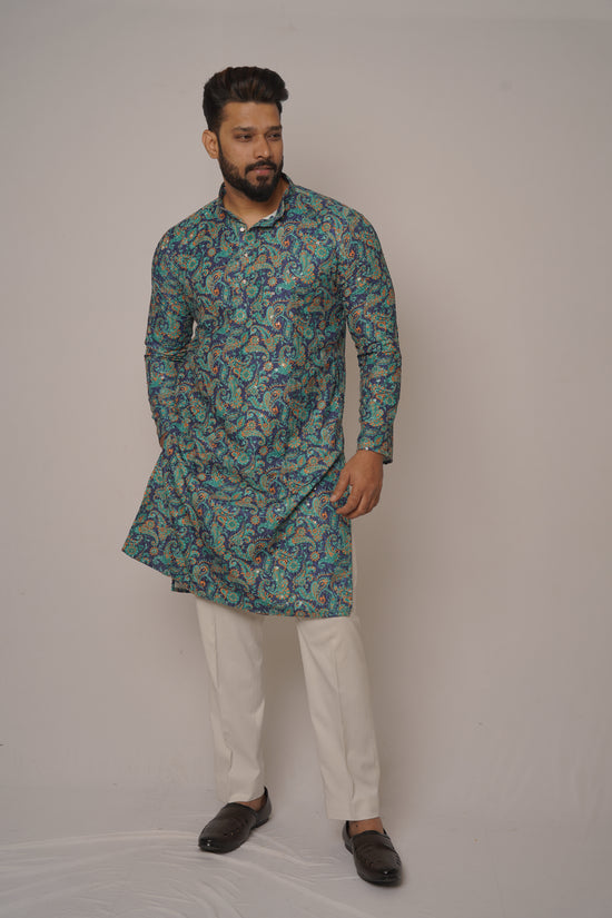 Teal & Gold Paisley Digital Print Kurta