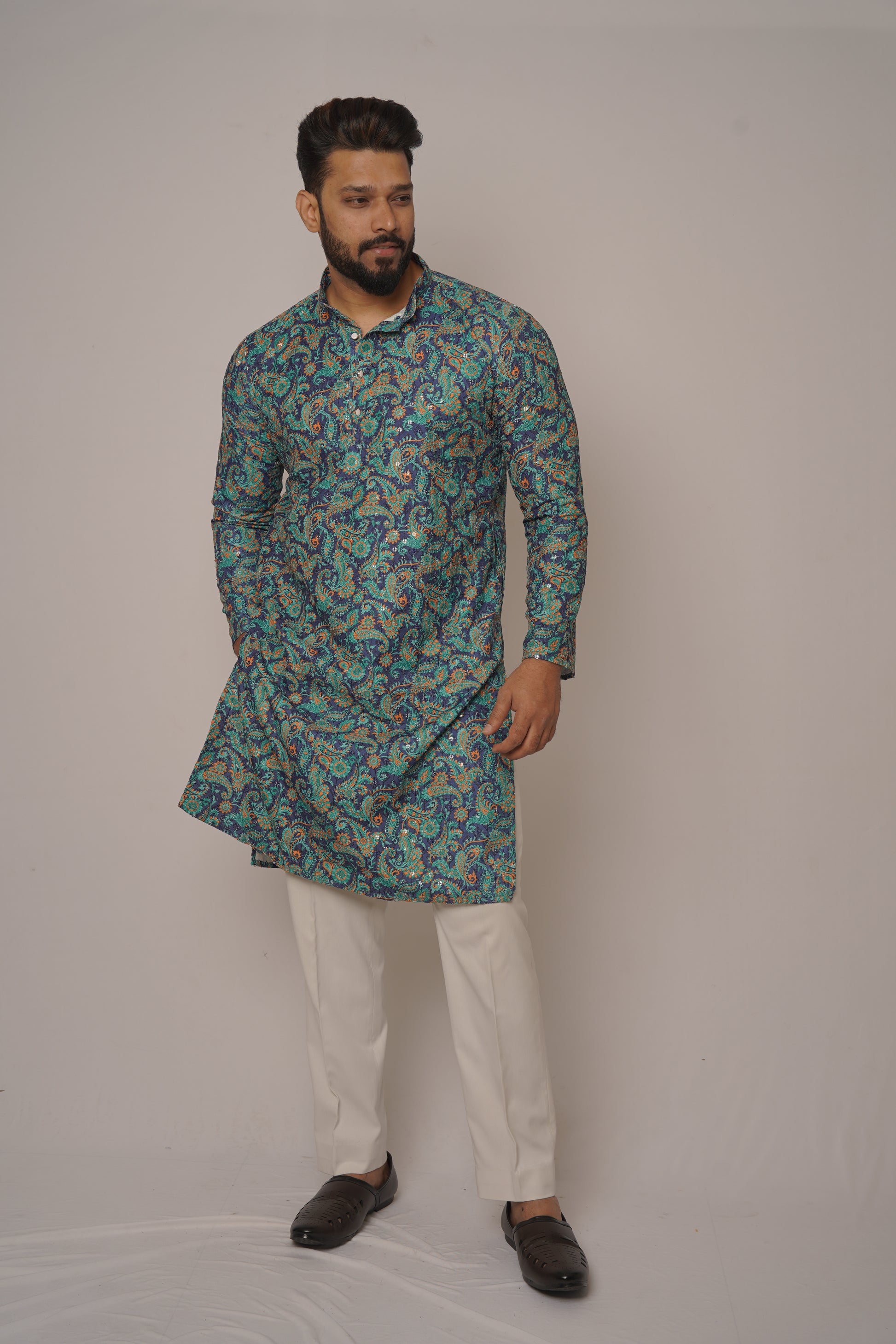 Teal & Gold Paisley Digital Print Kurta