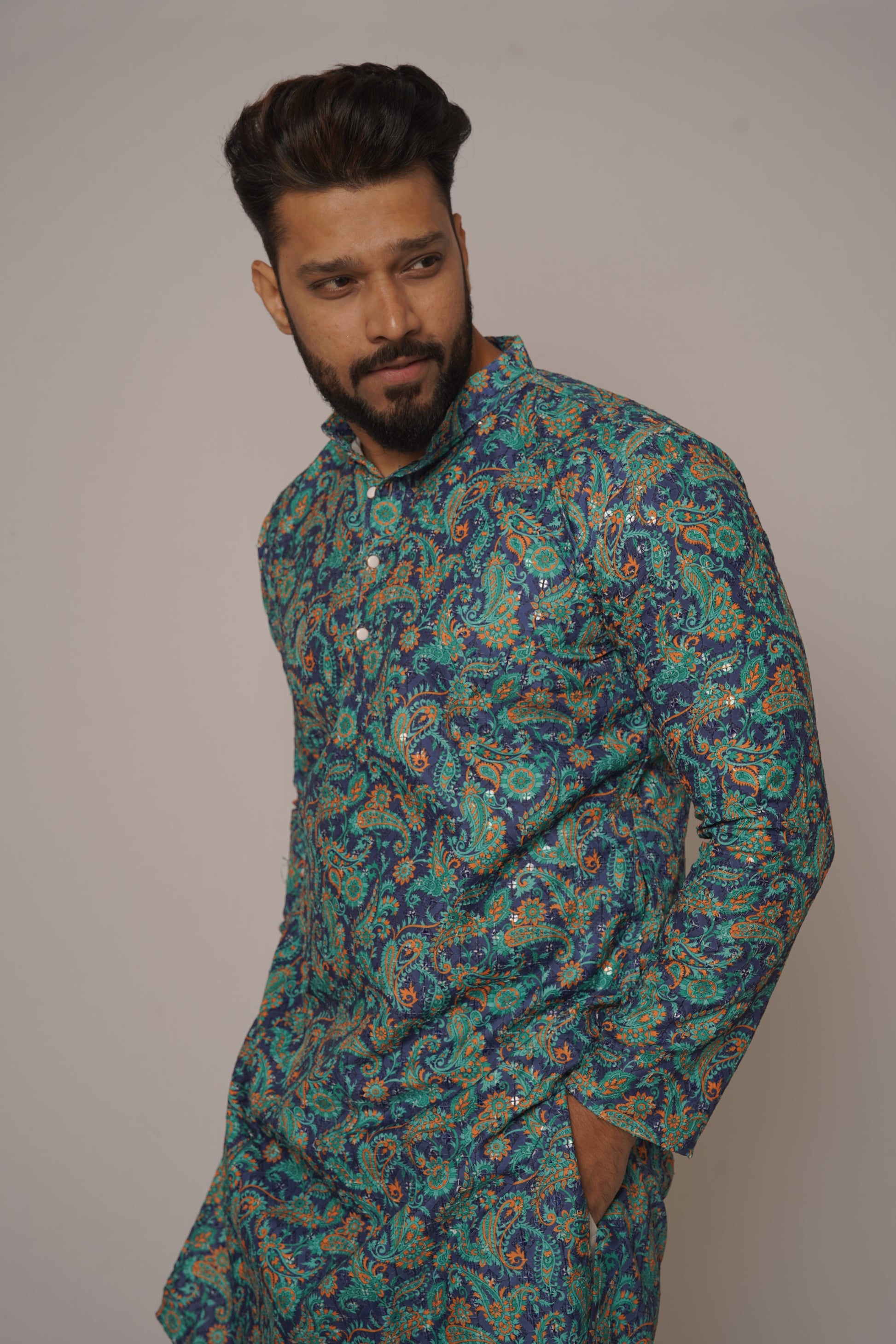 Teal & Gold Paisley Digital Print Kurta