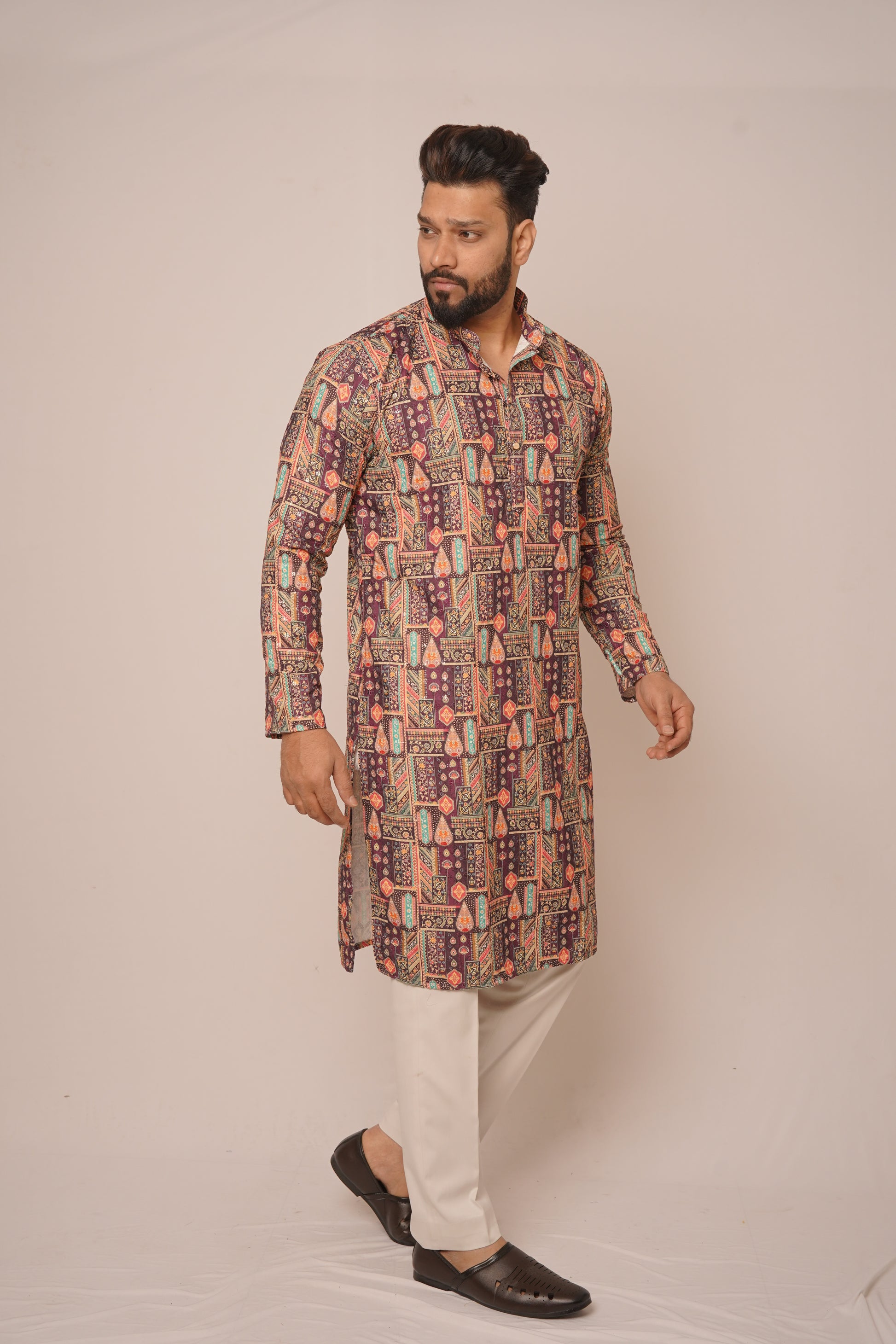 Earthy Maroon Geometric Print Long Kurta